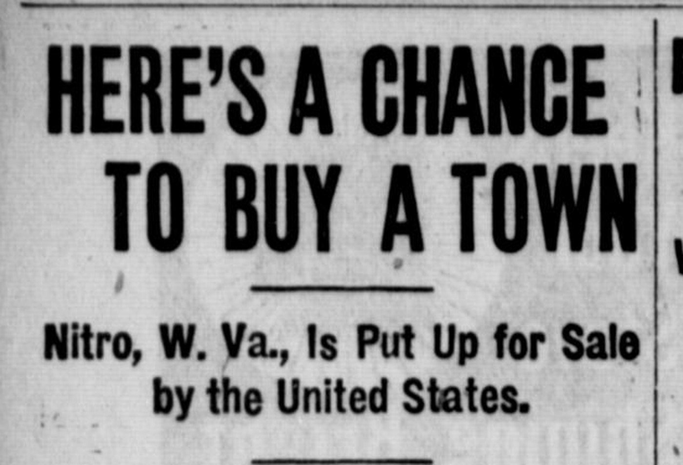 Newspaper headline: Here's a chance to buy a town